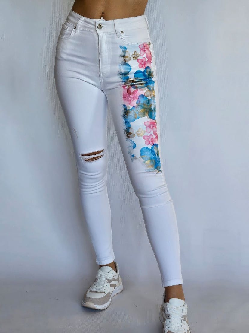 White Jeans with Metallic Flowers