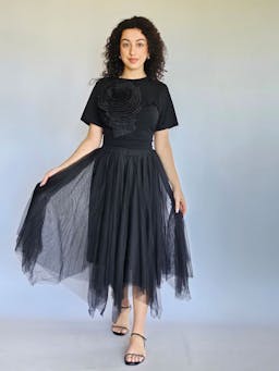 Black T-Shirt with Pleated Flowerindex