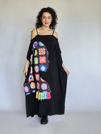 Black Dress with Colorful Badges