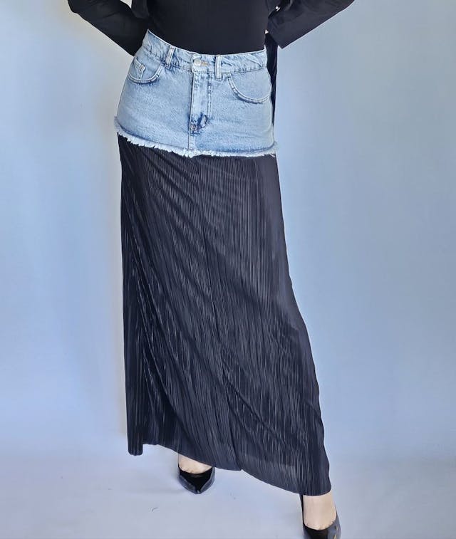 Pleated Black and Denim Skirt