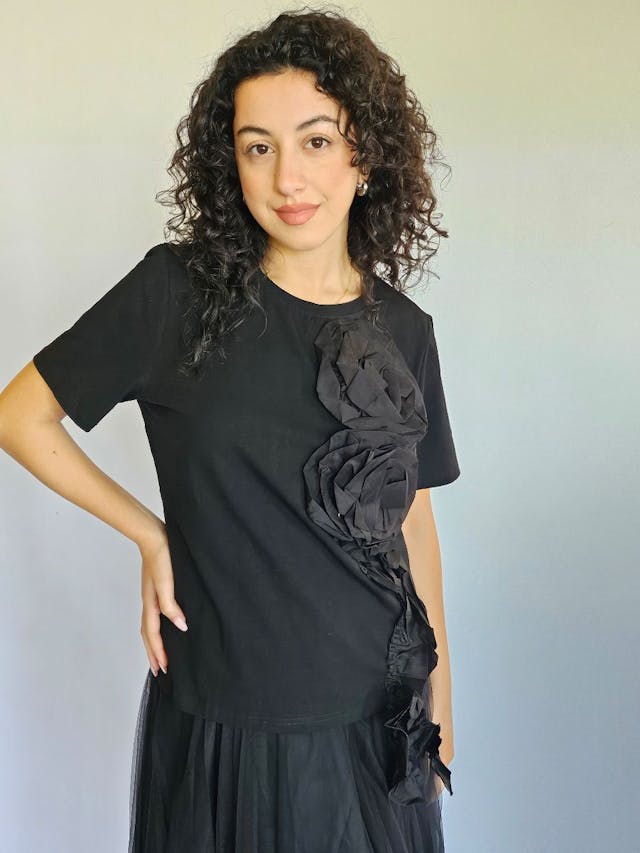Black T-Shirt with 3D Flowers