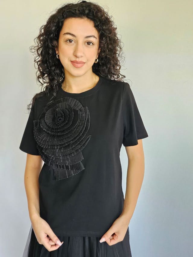 Black T-Shirt with Pleated Flower