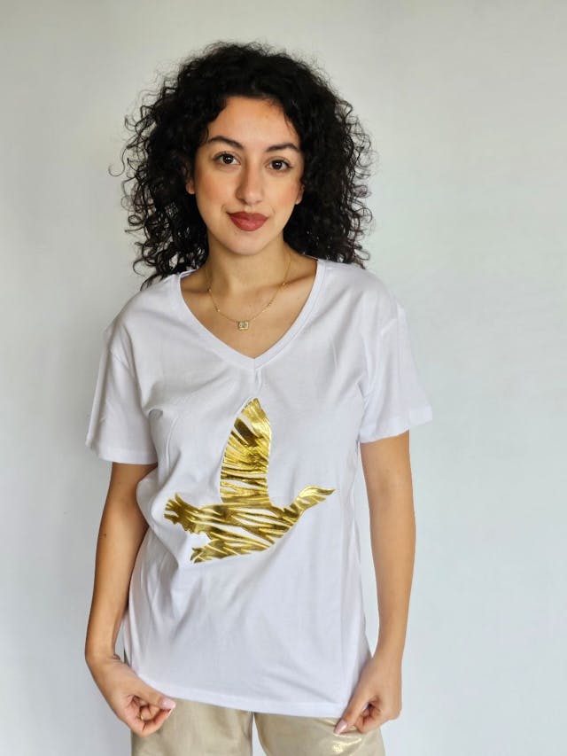 White T-Shirt with Gold Bird