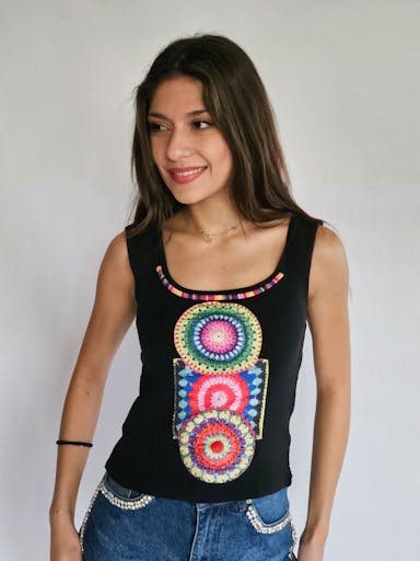 Black Top With Colorful Badges